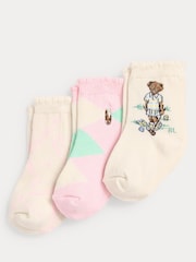 Polo Ralph Lauren Pink Baby Bear 100% Cotton Socks 3 Pack - Image 1 of 6