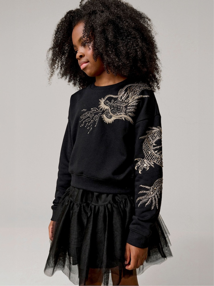smALLSAINTS Black Girls Dragon Embellished Crew Sweatshirt - Image 1 of 9