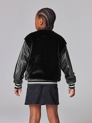 smALLSAINTS Black Girls Margot Shearling Baseball Jacket - Image 3 of 11