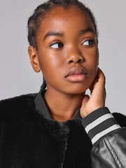 smALLSAINTS Black Girls Margot Shearling Baseball Jacket - Image 4 of 11