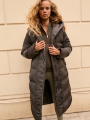 Charcoal Grey Premium Long Padded Hooded Coat - Image 1 of 5