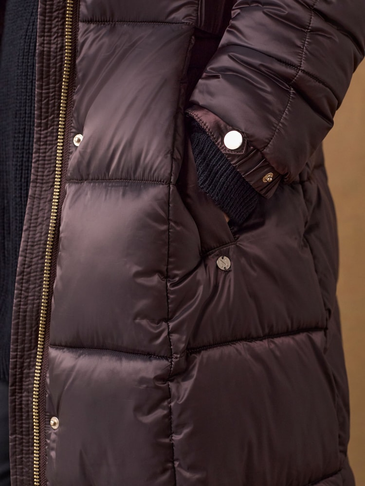 Burgundy Red Longline Waisted Shower Resistant Hooded Padded Coat - Image 5 of 5