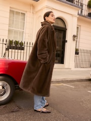 Chocolate Brown Long faux fur coat - Image 2 of 7