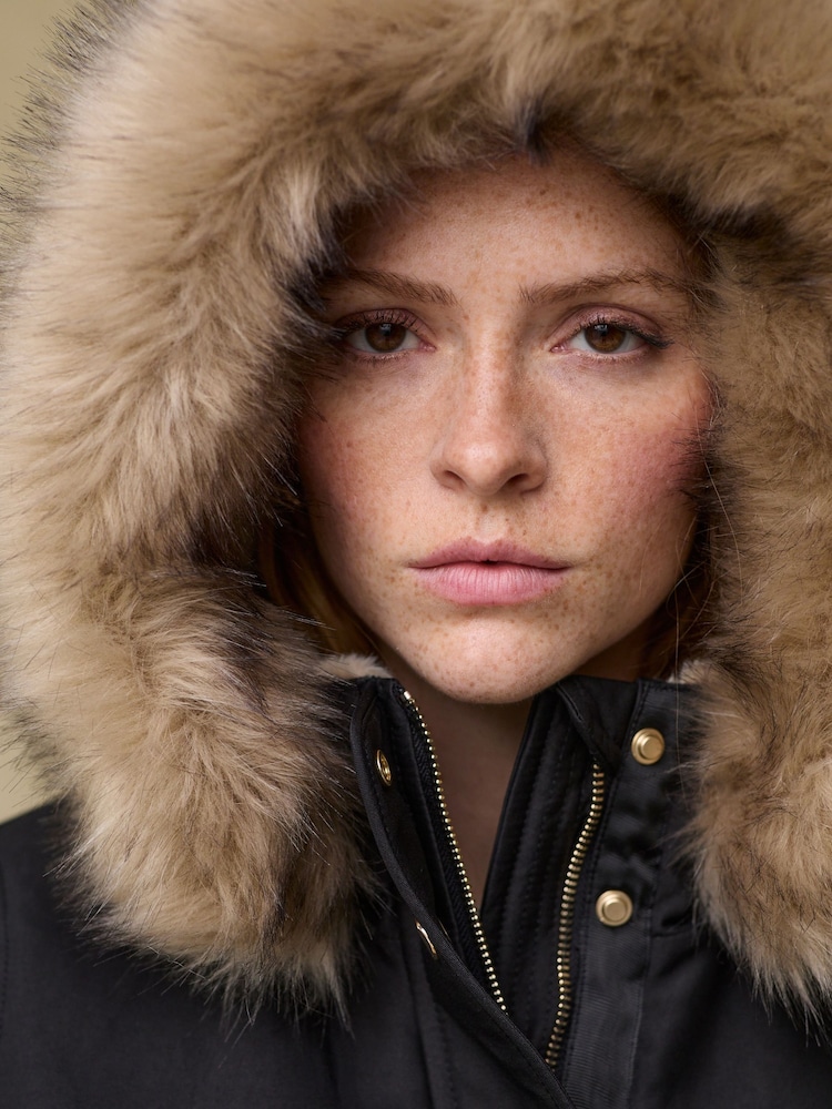 Buy Black Hooded Parka Coat With Faux Fur Trim from Next USA display picture 1