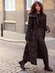 Black Longline Waisted Shower Resistant Hooded Padded Coat - Image 1 of 5
