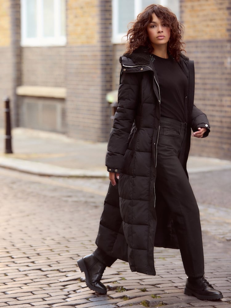 Black Longline Waisted Shower Resistant Hooded Padded Coat - Image 1 of 5