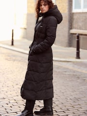 Black Longline Waisted Shower Resistant Hooded Padded Coat - Image 2 of 5
