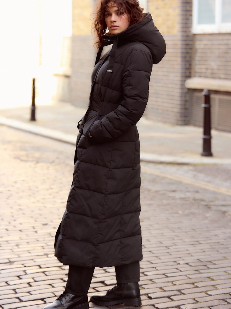 Black Longline Waisted Shower Resistant Hooded Padded Coat - Image 2 of 5