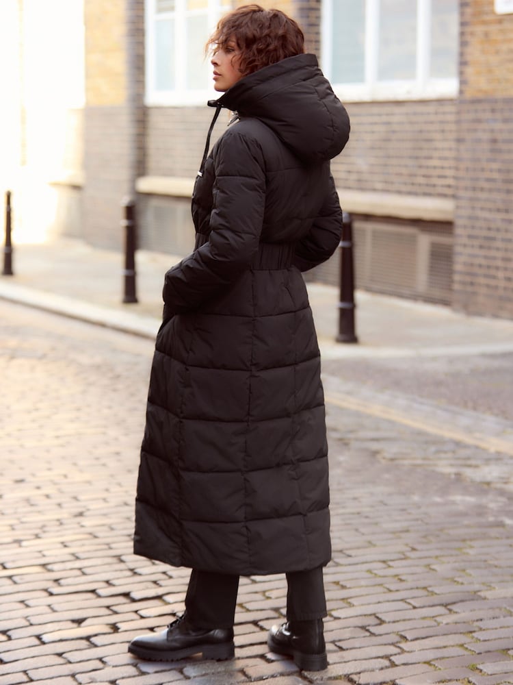 Buy Black Longline Waisted Shower Resistant Hooded Padded Coat