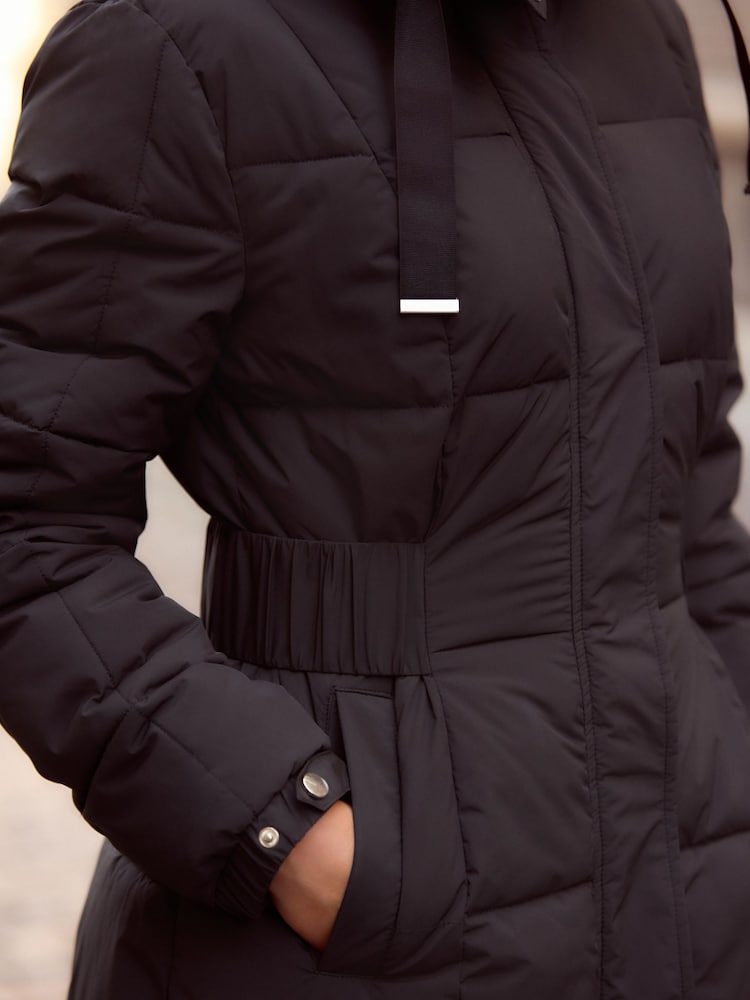 Black Longline Waisted Shower Resistant Hooded Padded Coat - Image 5 of 5