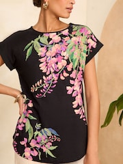 Love & Roses Black Floral Crew Neck Woven Trim Linen Look Jersey T-Shirt - Image 2 of 4