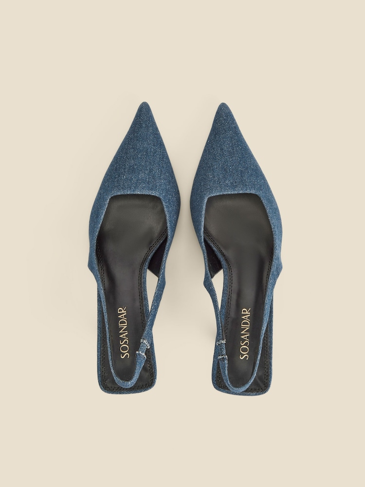 Sosandar Blue Denim Kitten Heel Slingback Shoes - Image 2 of 4