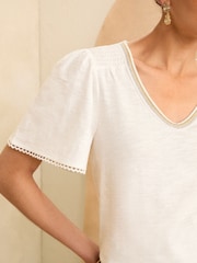 Love & Roses White Embellished Trim V Neck Jersey T-Shirt - Image 2 of 4