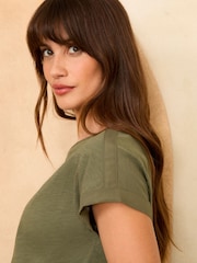 Love & Roses Khaki Green Crew Neck Woven Trim Linen Look Jersey T-Shirt - Image 3 of 4