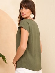 Love & Roses Khaki Green Crew Neck Woven Trim Linen Look Jersey T-Shirt - Image 4 of 4