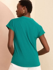 Love & Roses Teal Blue Jersey V Neck Woven Trim Short Sleeve T-Shirt - Image 3 of 4