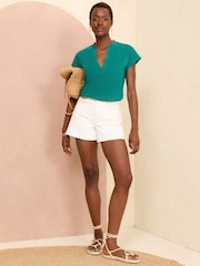 Love & Roses Teal Blue Jersey V Neck Woven Trim Short Sleeve T-Shirt - Image 4 of 4