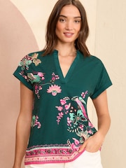 Love & Roses Bird Print Jersey V Neck Woven Trim Short Sleeve T-Shirt - Image 2 of 4
