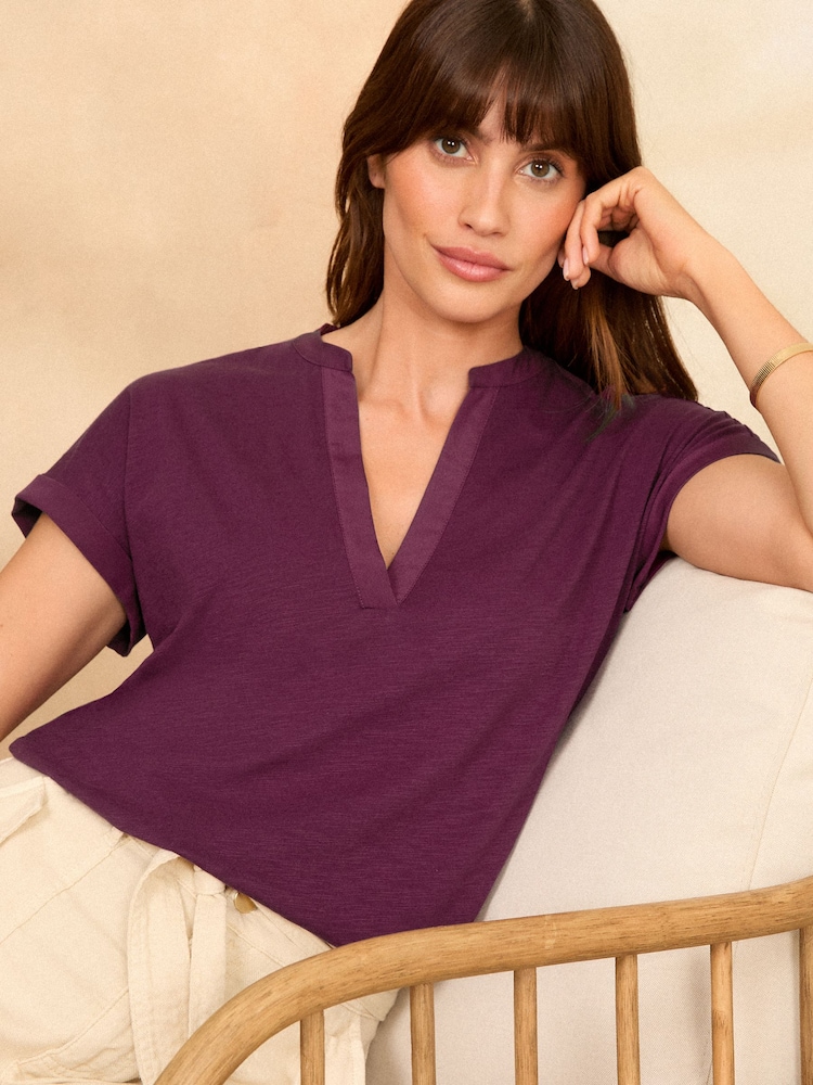 Love & Roses Burgundy Red Jersey V Neck Woven Trim Short Sleeve T-Shirt - Image 1 of 4