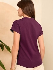 Love & Roses Burgundy Red Jersey V Neck Woven Trim Short Sleeve T-Shirt - Image 4 of 4