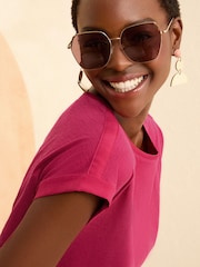 Love & Roses Pink Crew Neck Woven Trim Linen Look Jersey T-Shirt - Image 2 of 4