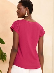 Love & Roses Pink Crew Neck Woven Trim Linen Look Jersey T-Shirt - Image 4 of 4