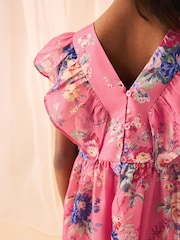 Laura Ashley Pink Romantic Rose Floral Organza Dress - Image 5 of 9