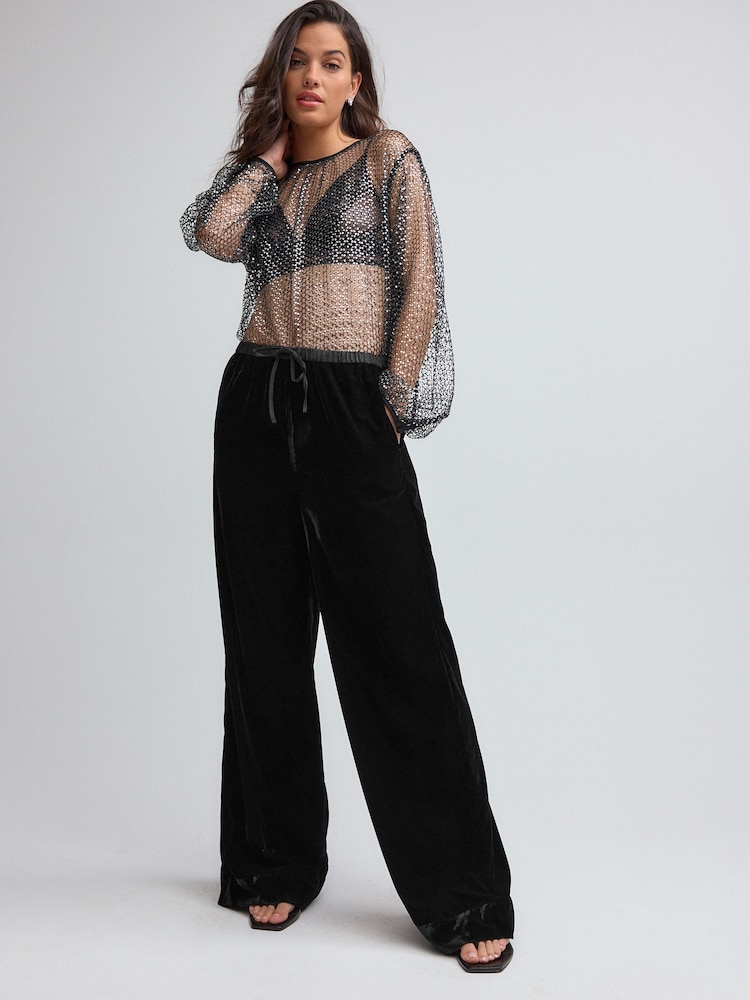 Black Velvet Wide Leg Trousers - Image 1 of 8