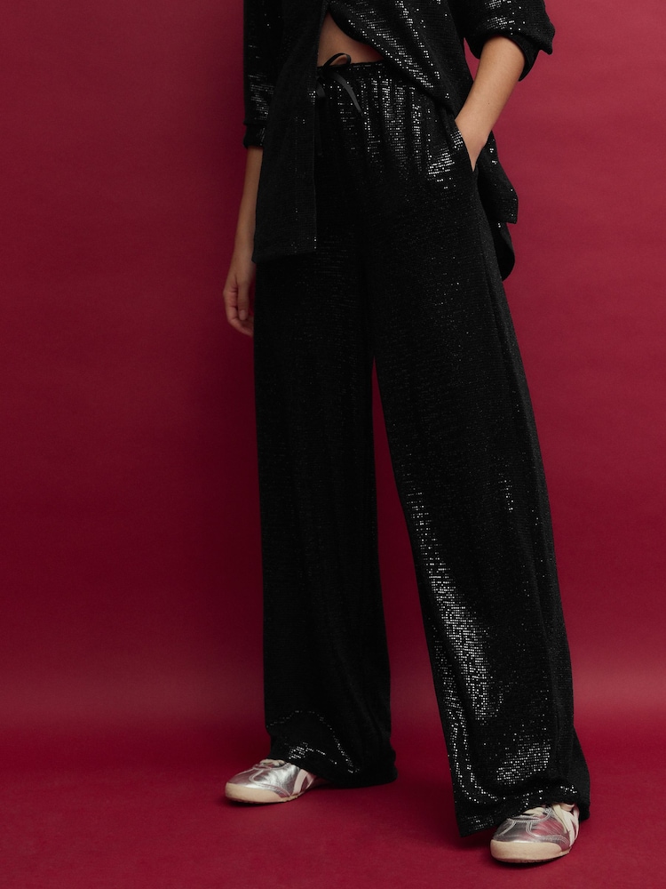 Black Sequin Wide Leg Trousers - Image 2 of 7