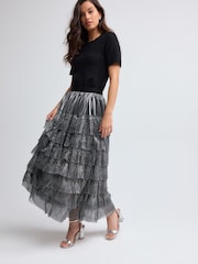 Silver Mesh Tulle Midi Skirt - Image 1 of 8