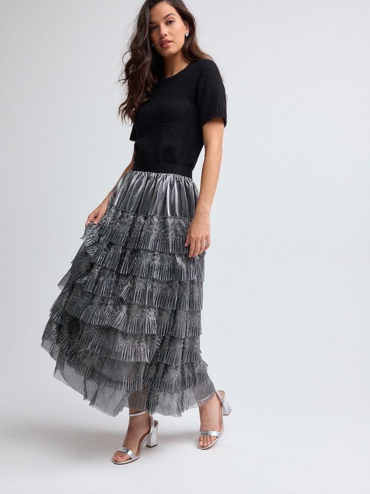 Silver Mesh Tulle Midi Skirt - Image 1 of 8