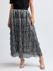Silver Mesh Tulle Midi Skirt - Image 3 of 8
