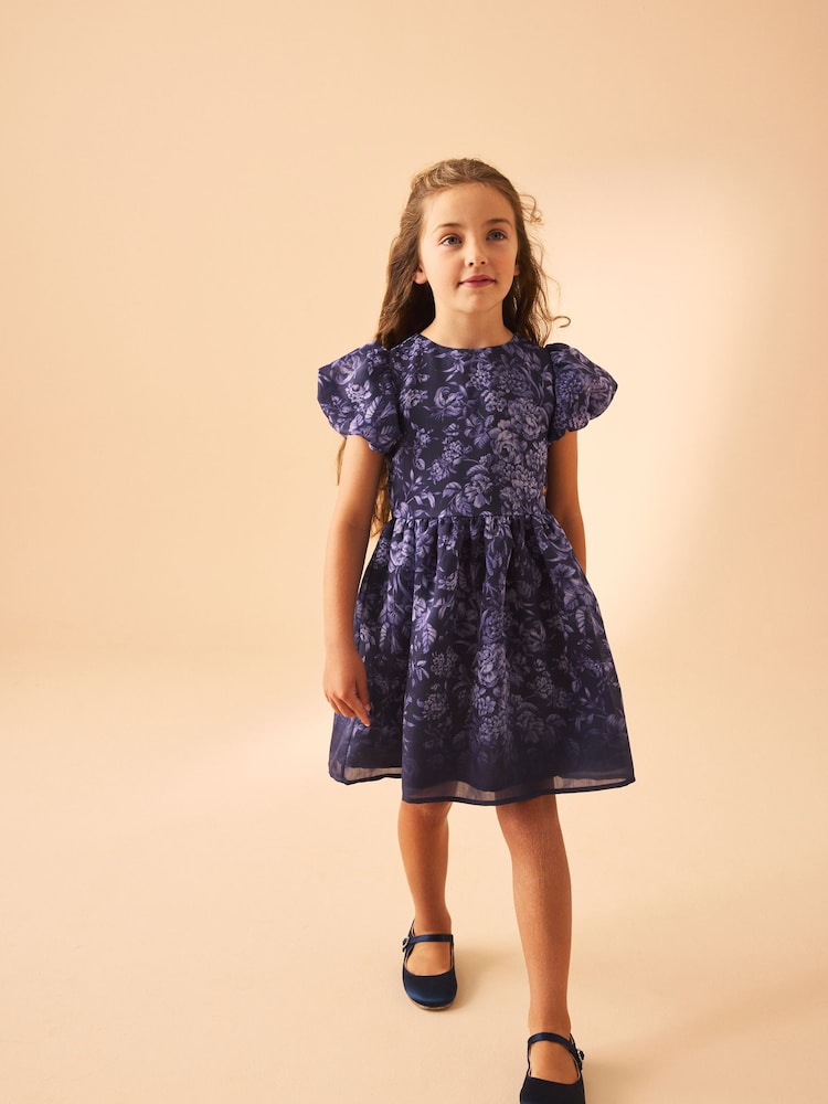 Laura Ashley Navy Heledd Blooms Border Print Organza Dress - Image 1 of 5
