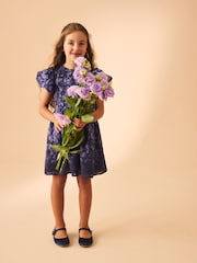 Laura Ashley Navy Heledd Blooms Border Print Organza Dress - Image 3 of 5