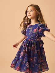 Laura Ashley Blue Romantic Rose Floral Organza Prom Dress - Image 7 of 12