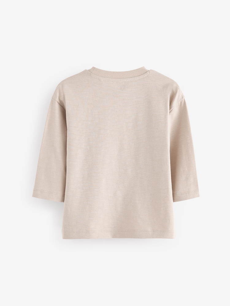 Ecru Cream 100% Cotton Long Sleeves Semi Plain T-Shirt (3mths-7yrs) - Image 2 of 3