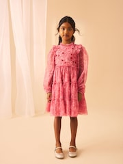 Laura Ashley Pink Tiered Long Sleeve Mesh Dress - Image 1 of 5