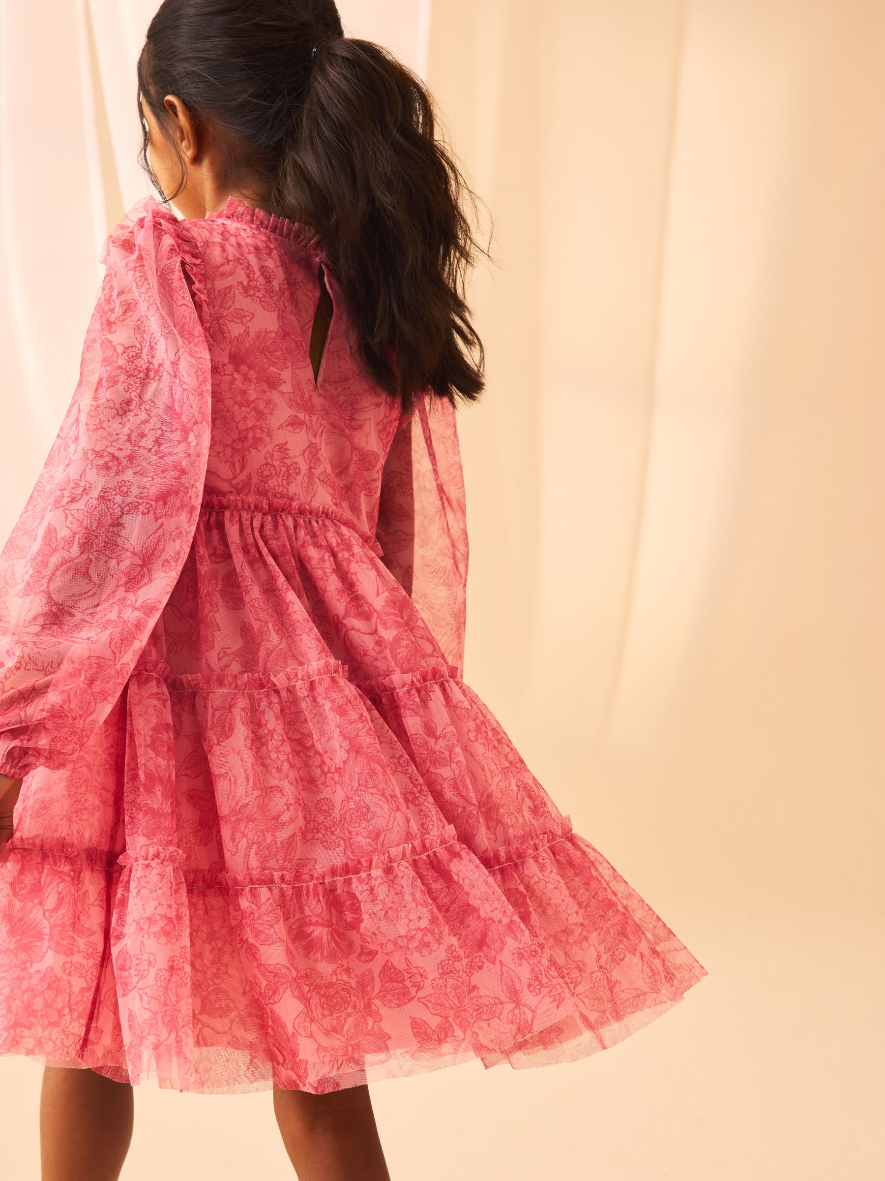 Buy Laura Ashley Pink Tiered Long Sleeve Mesh Dress from Next Luxembourg