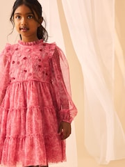 Laura Ashley Pink Tiered Long Sleeve Mesh Dress - Image 3 of 5