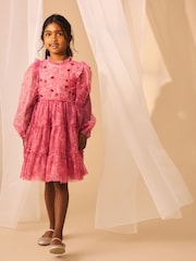 Laura Ashley Pink Tiered Long Sleeve Mesh Dress - Image 4 of 5