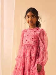 Laura Ashley Pink Tiered Long Sleeve Mesh Dress - Image 5 of 5
