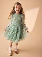 Laura Ashley Mint Green Tiered Long Sleeve Mesh Dress - Image 1 of 17