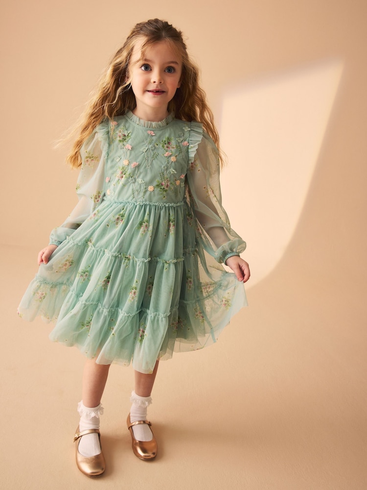 Laura Ashley Mint Green Tiered Long Sleeve Mesh Dress - Image 1 of 17