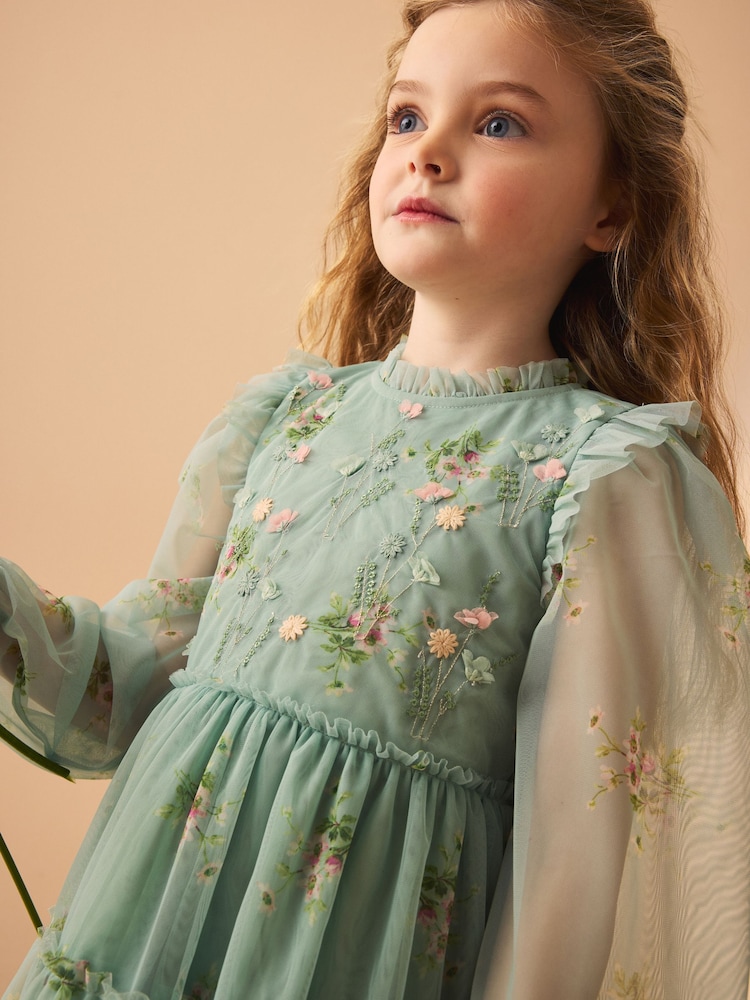 Laura Ashley Mint Green Tiered Long Sleeve Mesh Dress Laura Ashley