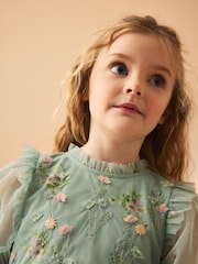 Laura Ashley Mint Green Tiered Long Sleeve Mesh Dress - Image 12 of 17
