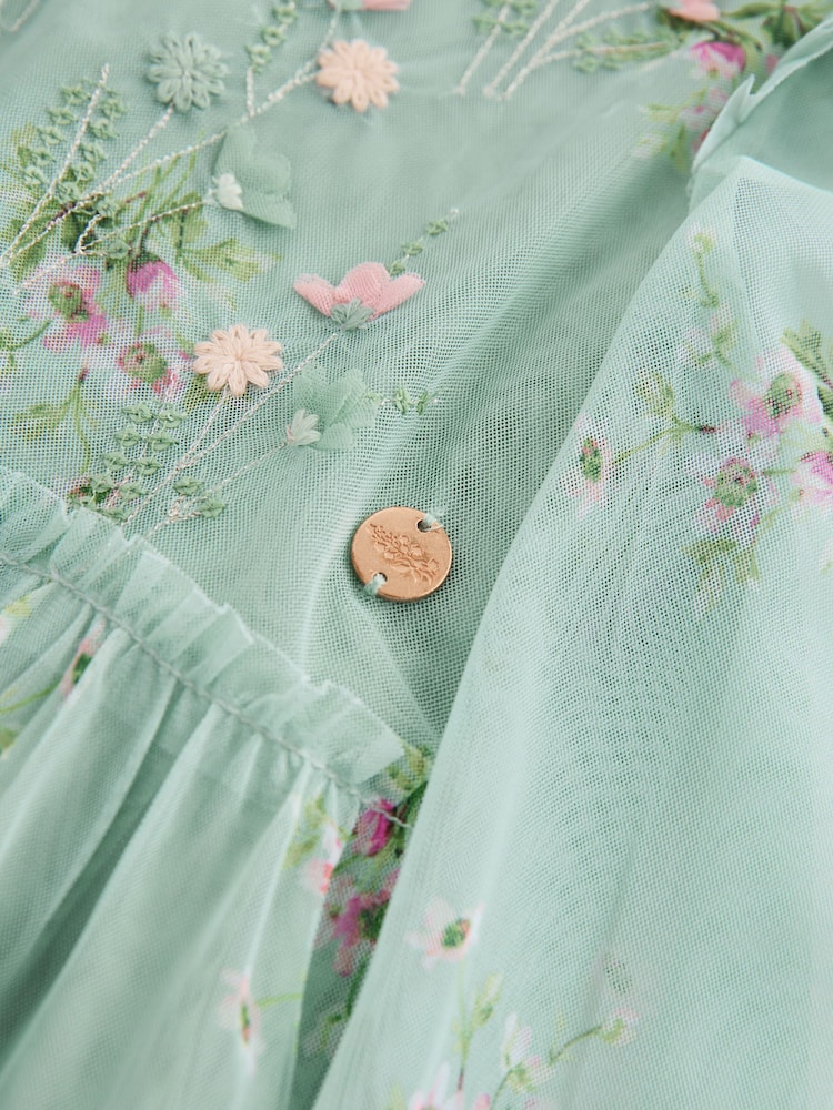 Laura Ashley Mint Green Tiered Long Sleeve Mesh Dress - Image 17 of 17