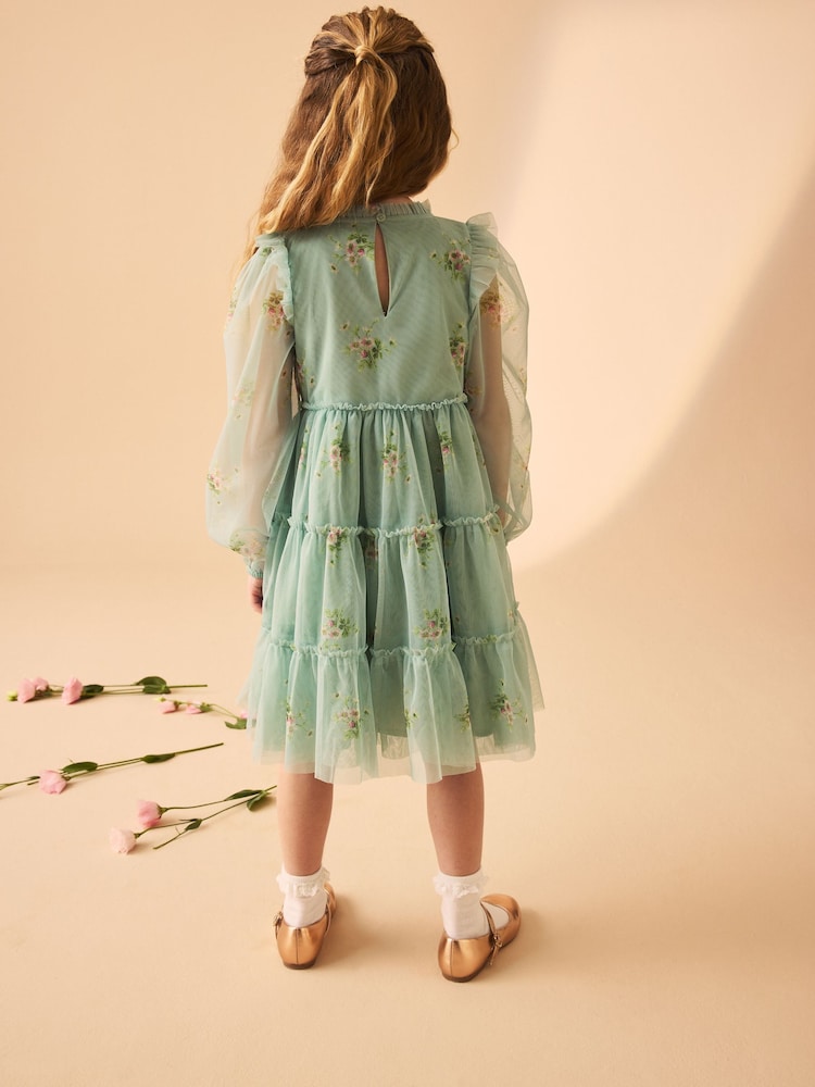 Laura Ashley Mint Green Tiered Long Sleeve Mesh Dress - Image 2 of 17