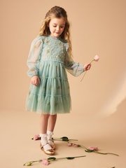 Laura Ashley Mint Green Tiered Long Sleeve Mesh Dress - Image 3 of 17