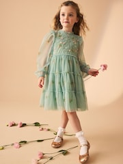 Laura Ashley Mint Green Tiered Long Sleeve Mesh Dress - Image 4 of 17