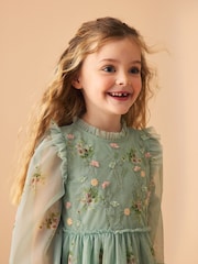 Laura Ashley Mint Green Tiered Long Sleeve Mesh Dress - Image 7 of 17